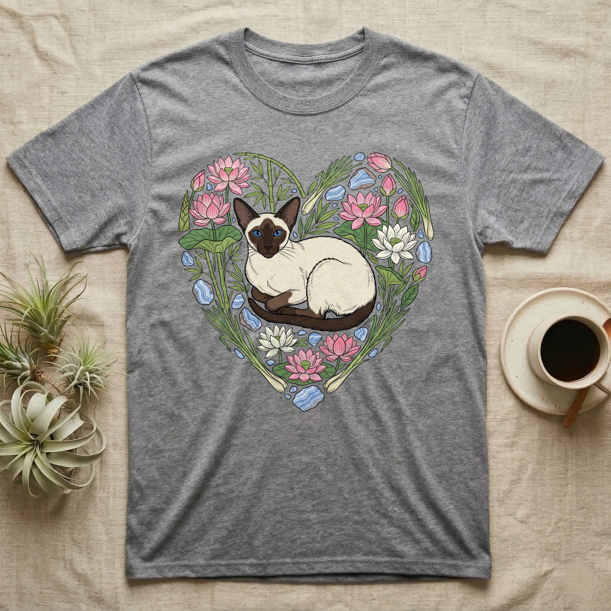 Grey t-shirt with Siamese cat and lotus flower heart design.