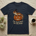 Leopard Gecko Here For Bugs T-Shirt in Navy — Vintage cartoon leopard gecko in a witch hat on a jack-o'-lantern, "I'm Just Here for the Bugs."