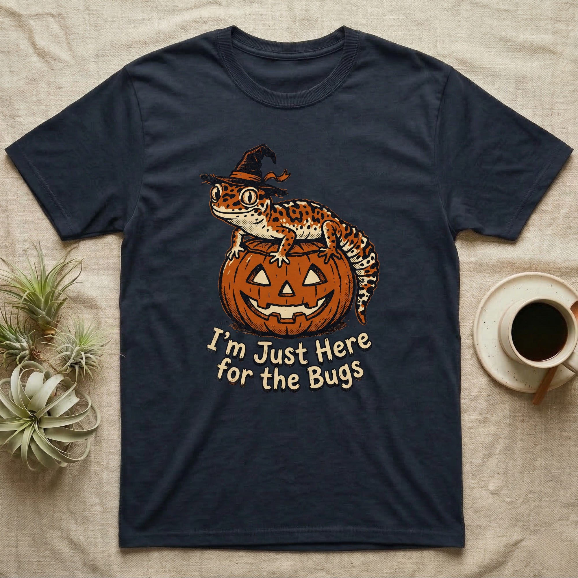 Leopard Gecko Here For Bugs T-Shirt in Navy — Vintage cartoon leopard gecko in a witch hat on a jack-o'-lantern, "I'm Just Here for the Bugs."