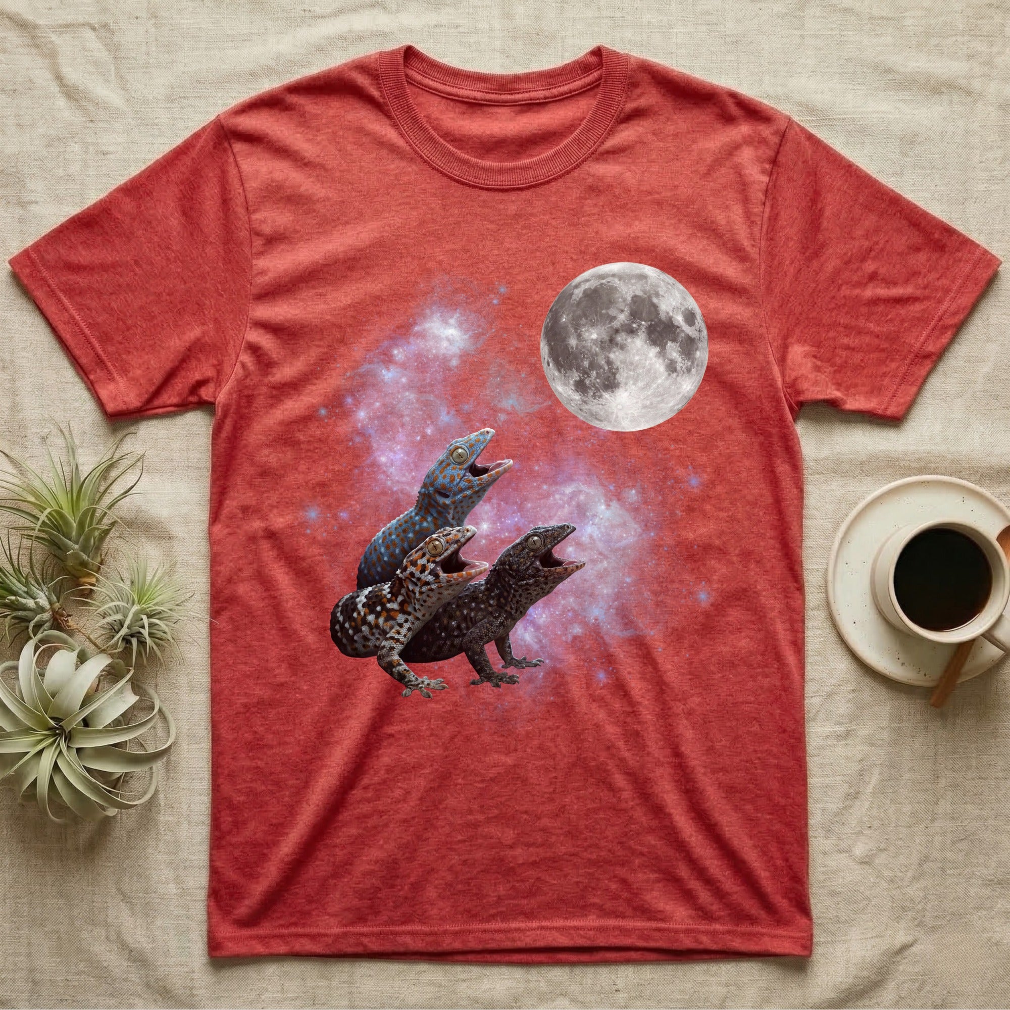 Tokay Gecko Moon Howl T-Shirt in Heather Red — Three Tokay Gecko colour morphs howling at a full moon over a nebula on a dark grey t-shirt.