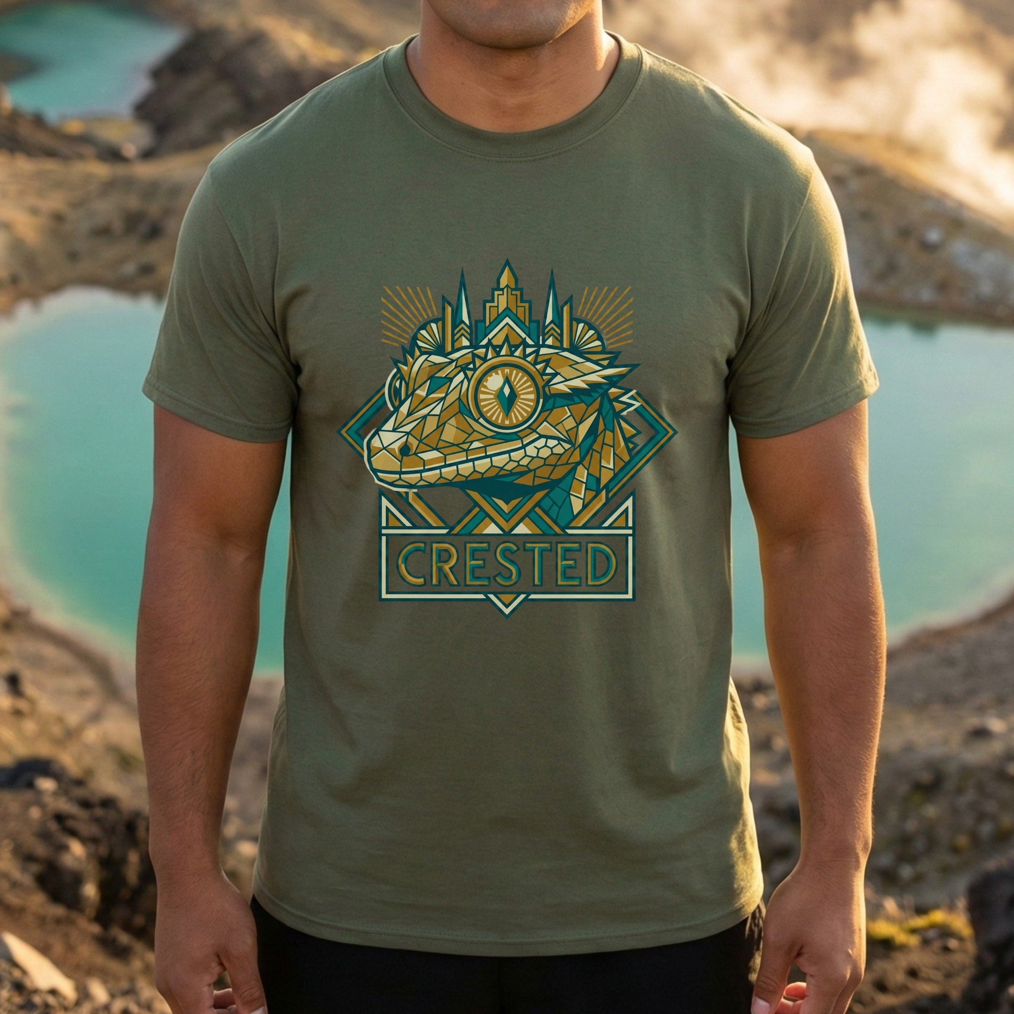 Geometric Crested Lizard Design Graphic T-Shirt