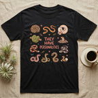 Snake Keeper Personalities T-Shirt in Black — Outline illustration of five snakes in different postures scattered around hand-lettered script on grey.