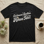 Terrarium Spotless House T-Shirt in Black — Retro script reading Enclosure Spotless with sparkles above grubby lettering reading House Isn't with a sock, cobweb and crumbs