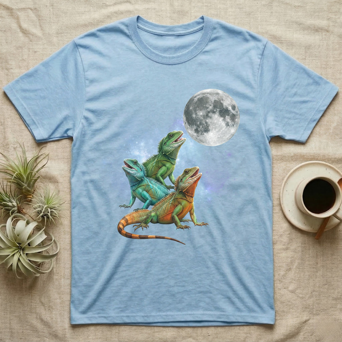 Chinese Water Dragon Moon Howl T-Shirt in Light Blue — Three Chinese Water Dragon colour morphs howling at a full moon over a nebula on a dark grey t-shirt.