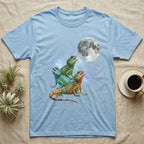 Chinese Water Dragon Moon Howl T-Shirt in Light Blue — Three Chinese Water Dragon colour morphs howling at a full moon over a nebula on a dark grey t-shirt.