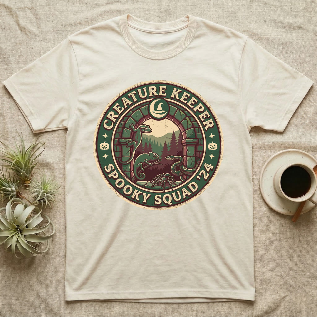 Creature Keeper Spooky Squad T-Shirt in Natural — Embroidered-patch badge with a gecko, chameleon, snake and tarantula in a stone archway, "Creature Keeper Spooky Squad."