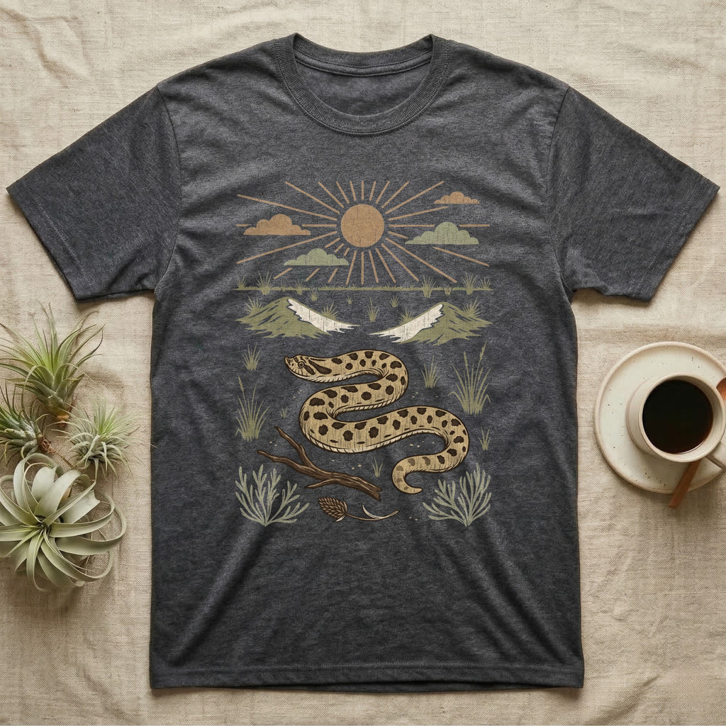 Western Hognose Home Range T-Shirt in Dark Heather — Woodcut-style illustration of a western hognose snake nosing through sand with dunes and sagebrush behind, no on-shirt text.