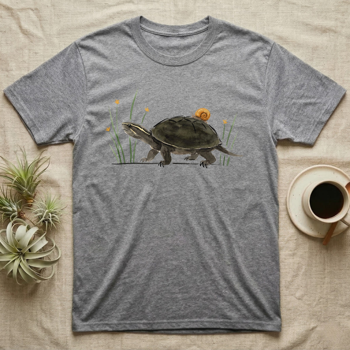 Musk Turtle Hitchhiker T-Shirt in Sport Grey — Watercolour musk turtle walking left with a ramshorn snail on its shell, beside slender grass blades with tiny amber flowers.