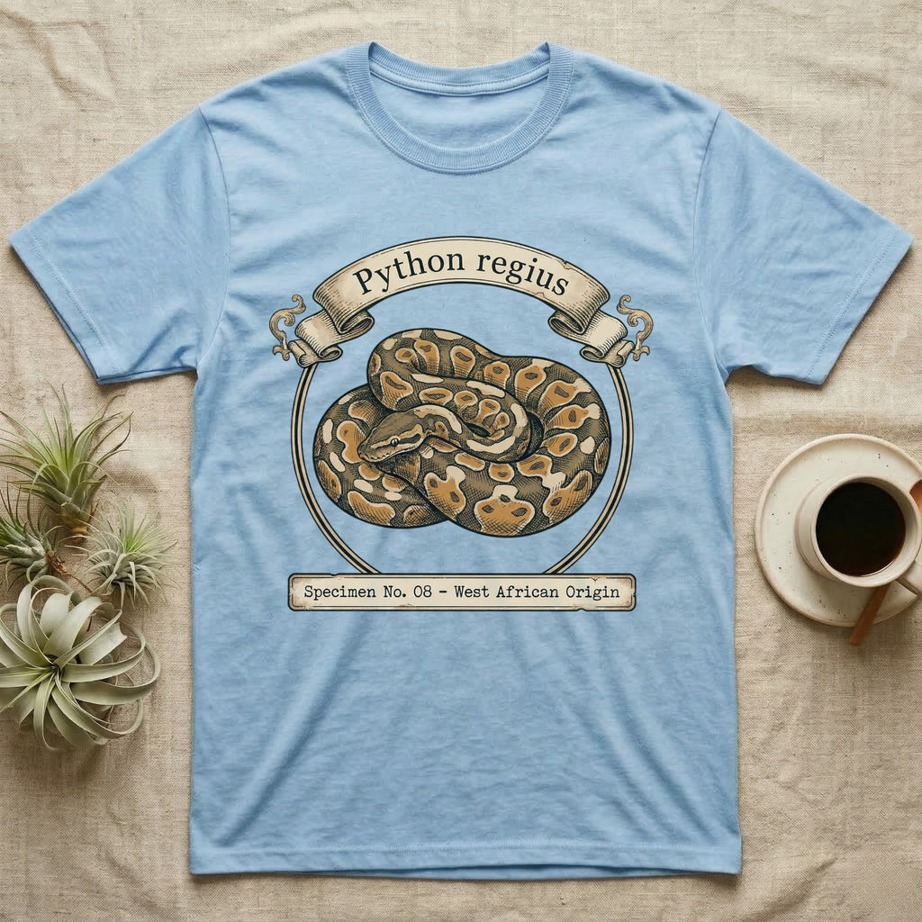 Light blue t-shirt with Python regius illustration and text.
