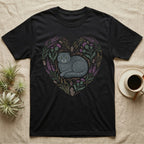 Black t-shirt with a Scottish Fold cat design framed by a floral heart.