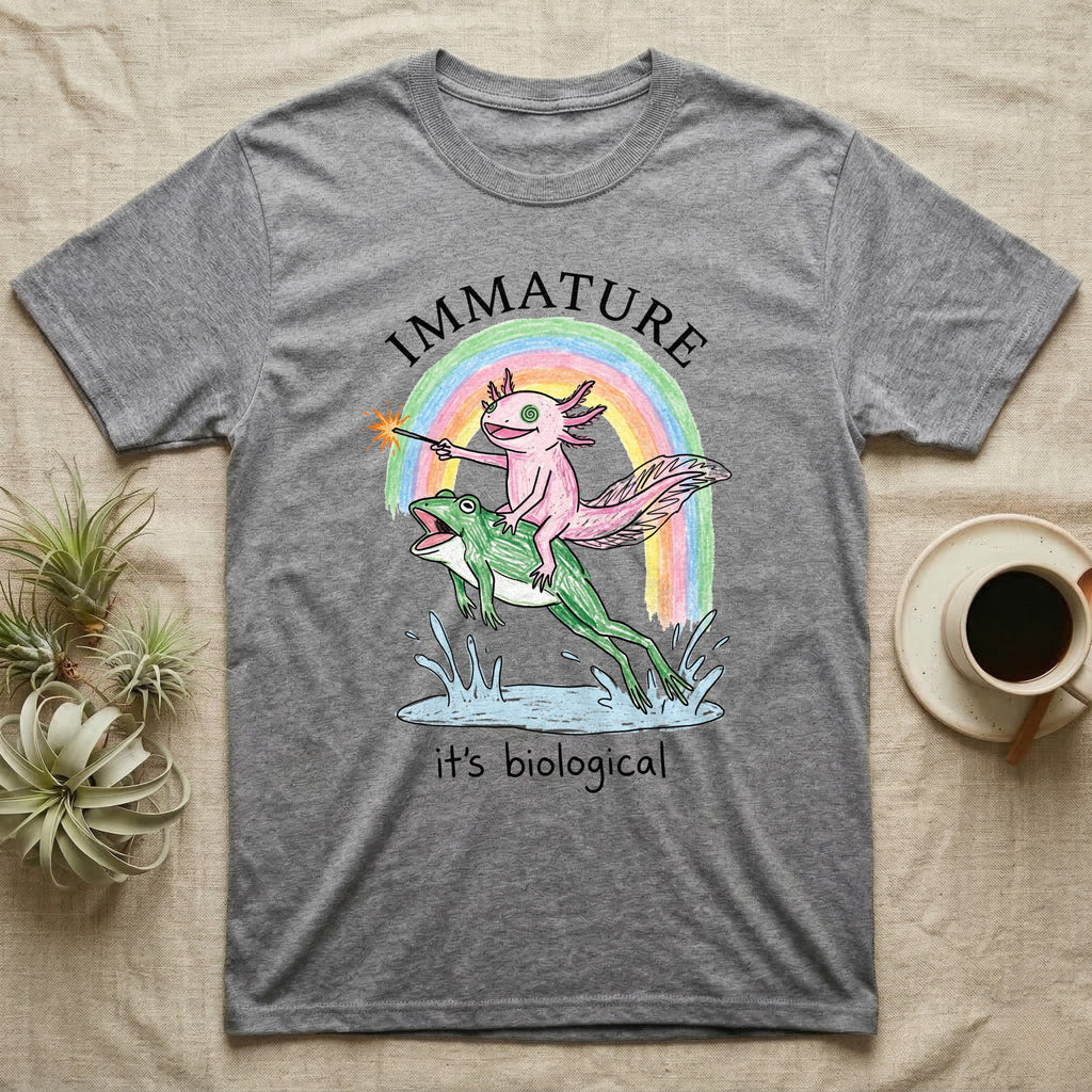 Axolotl Immature T-Shirt in Sport Grey — Crayon drawing of a pink axolotl riding a leaping green frog through a rainbow, sparkler lit, under IMMATURE
