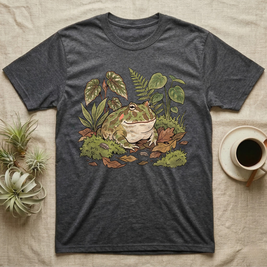 Bioactive Pacman Frog T-Shirt in Dark Heather — Warm botanical illustration of a content pacman frog half-buried in a lush bioactive habitat of moss and leaf litter.