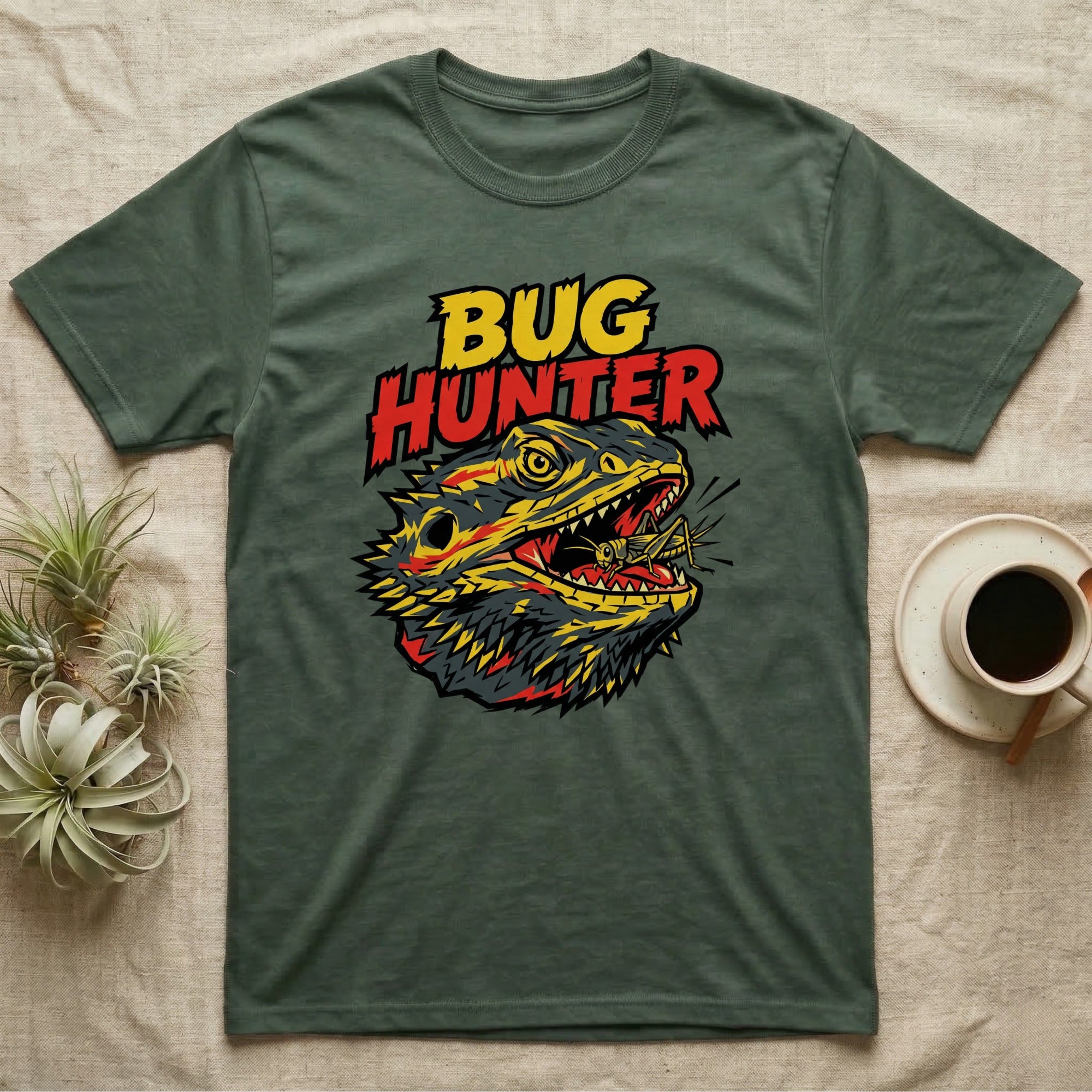 Green t-shirt with "BUG HUNTER" text and a bearded dragon eating a grasshopper.