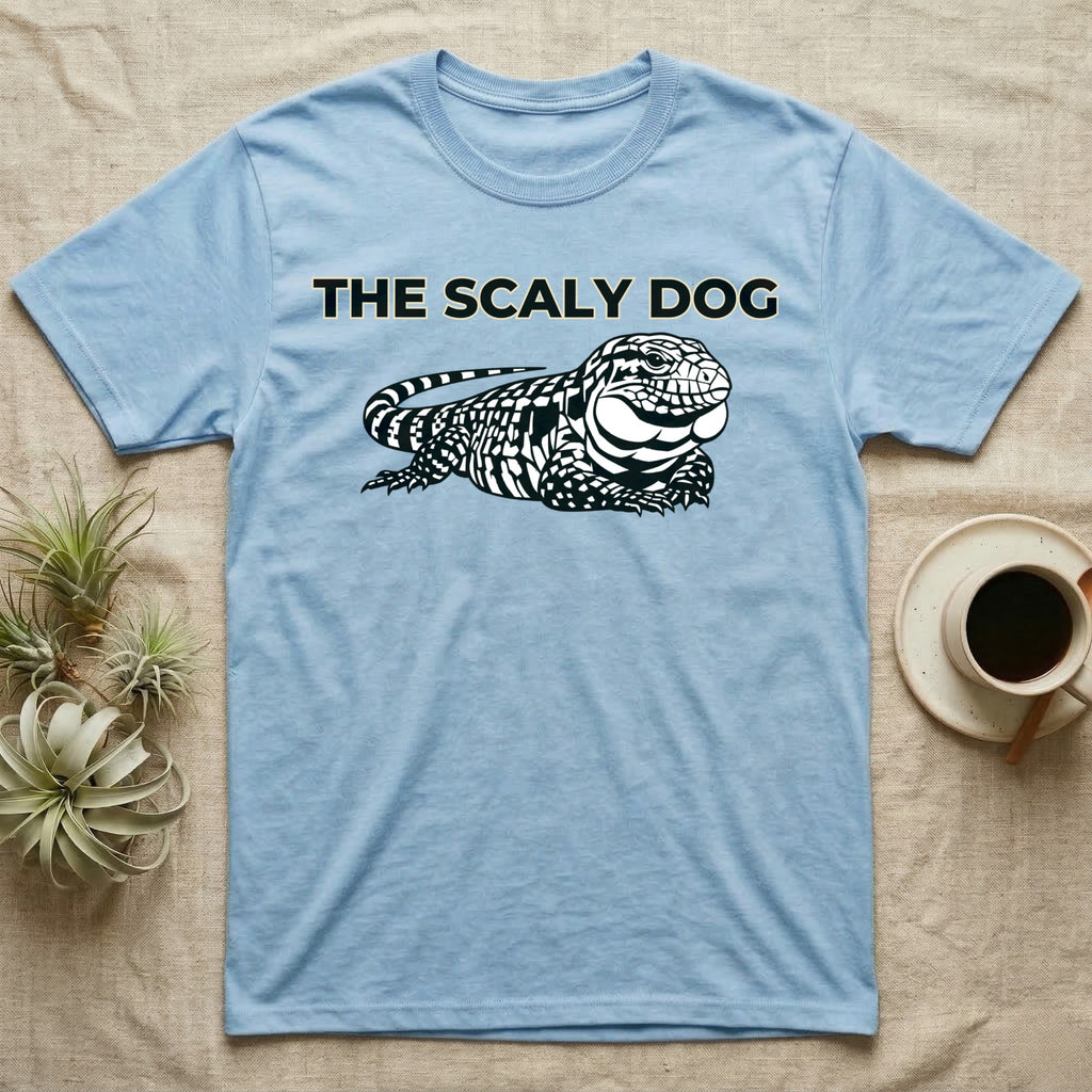 Light blue t-shirt with "THE SCALY DOG" and lizard graphic.