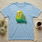 Light blue t-shirt with a colorful green and yellow budgie bird graphic.