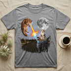 Two cats fight with lasers and fire on a rooftop under a full moon.