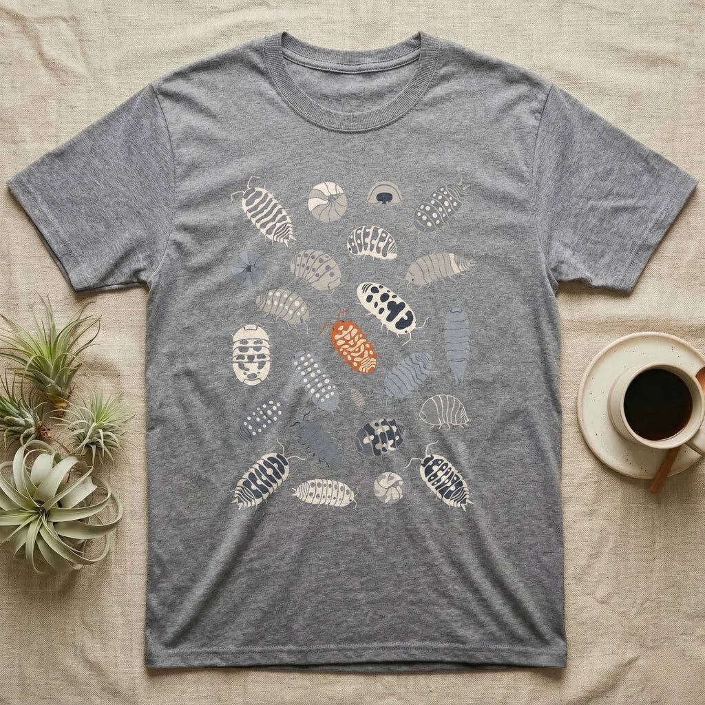 Isopod Morph Plate T-Shirt in Sport Grey — About twenty-five flat-painted isopods scattered across grey, all shapes and patterns, one of them orange.