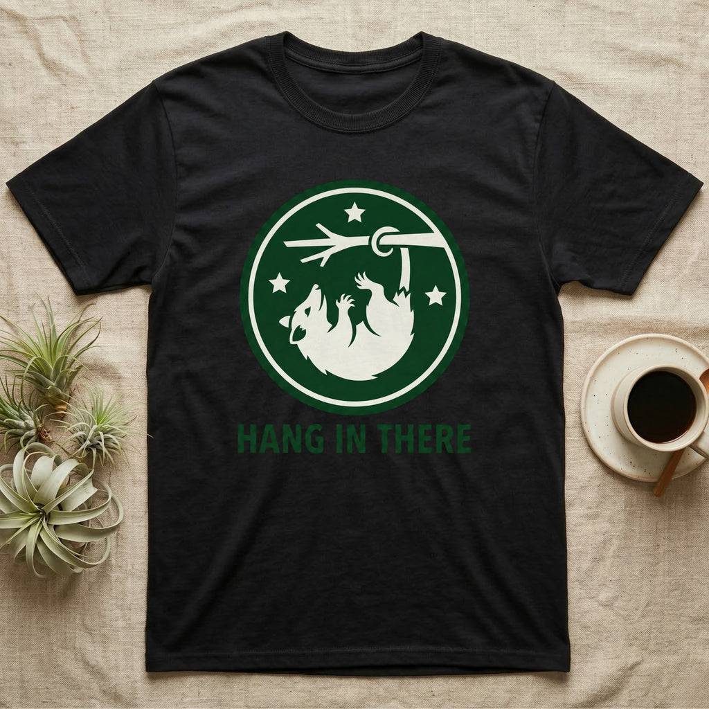 Black t-shirt with a raccoon logo and "HANG IN THERE" text.