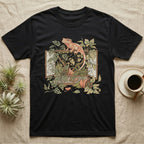 Bioactive Crested Gecko T-Shirt in Black — Botanical illustration of a smug crested gecko perched atop a lush overgrown planted vivarium spilling vines.