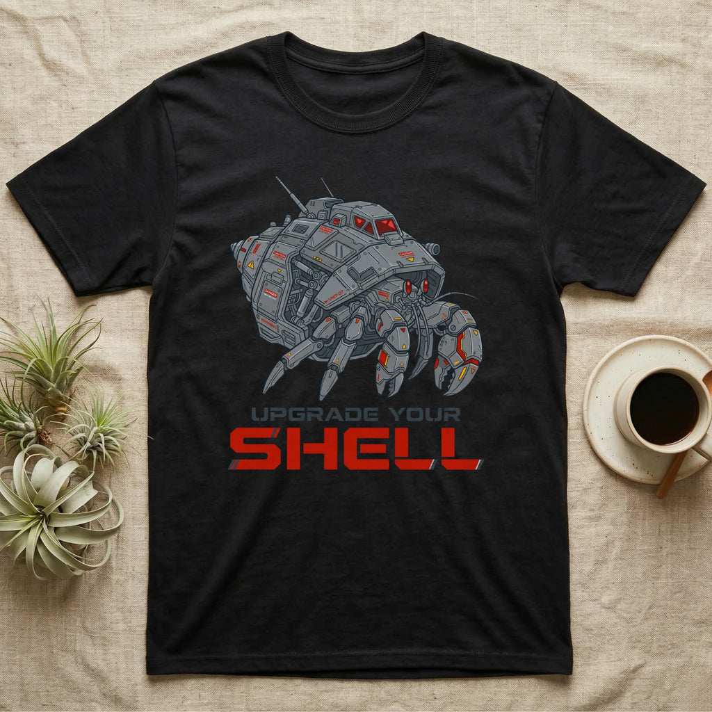Black t-shirt with a robotic crab design and the text "UPGRADE YOUR SHELL".