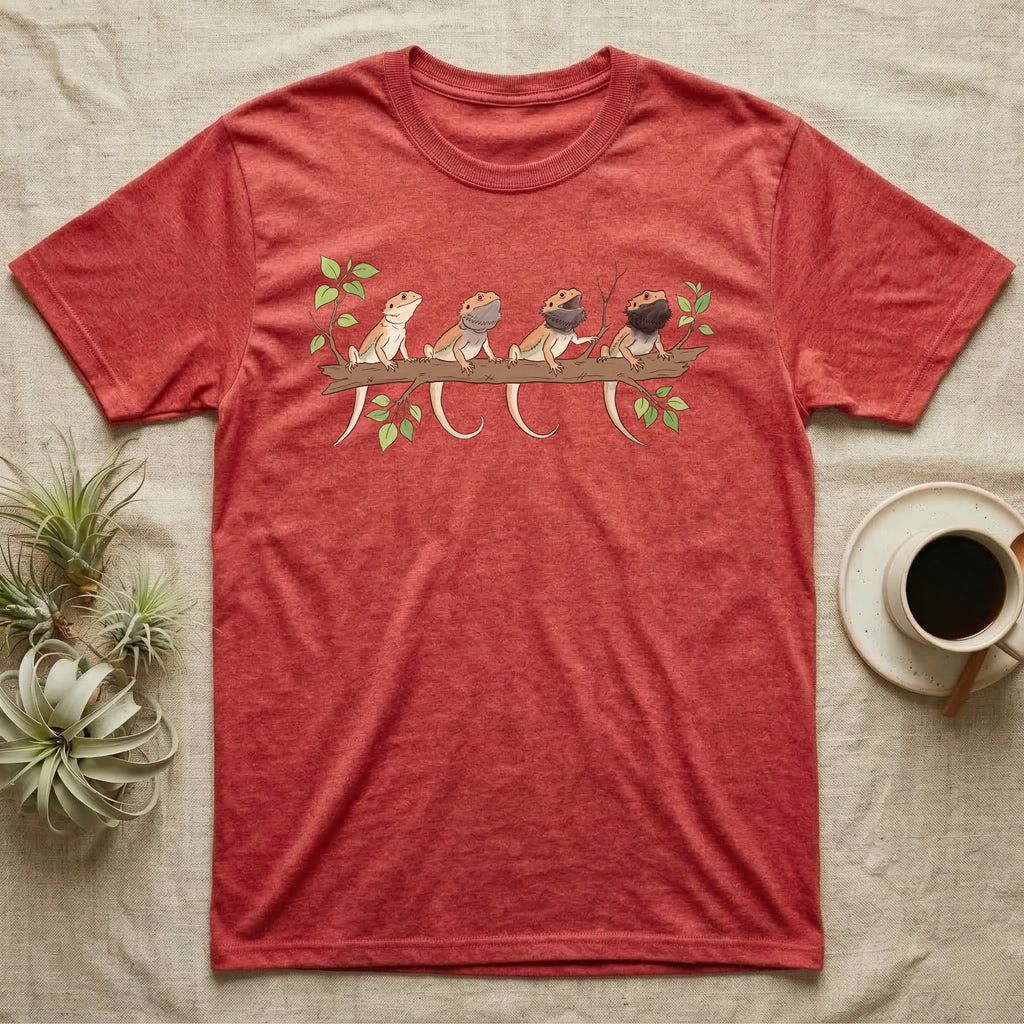 Bearded Dragon Beard States T-Shirt in Heather Red — Watercolour illustration of four bearded dragons on a branch, each with a different beard and mouth state.
