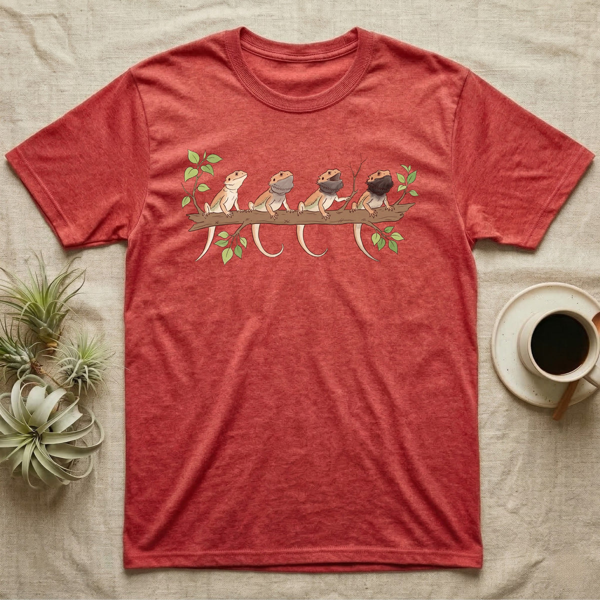 Bearded Dragon Beard States T-Shirt in Heather Red — Watercolour illustration of four bearded dragons on a branch, each with a different beard and mouth state.