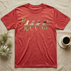 Bearded Dragon Beard States T-Shirt in Heather Red — Watercolour illustration of four bearded dragons on a branch, each with a different beard and mouth state.