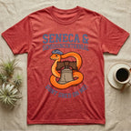 Corn Snake Don't Shed T-Shirt in Heather Red — Cartoon orange snake in a tricorn hat coiled around the Liberty Bell with text Don't Shed On Me.