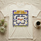 T-shirt featuring pixelated "Reptile Room Quest" title, snakes, mice, and obstacles.