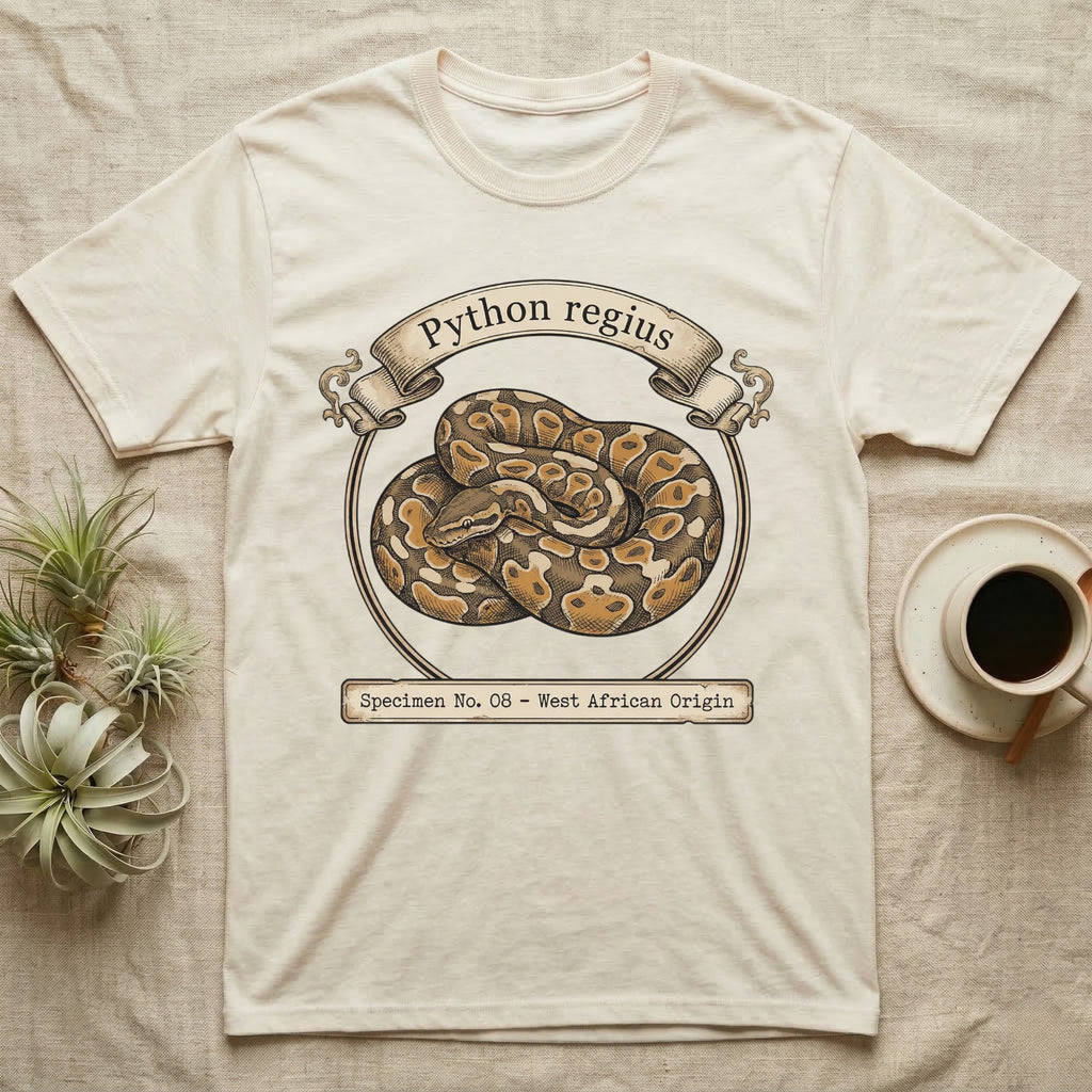 Cream t-shirt with a coiled python illustration labeled "Python regius West African Origin".