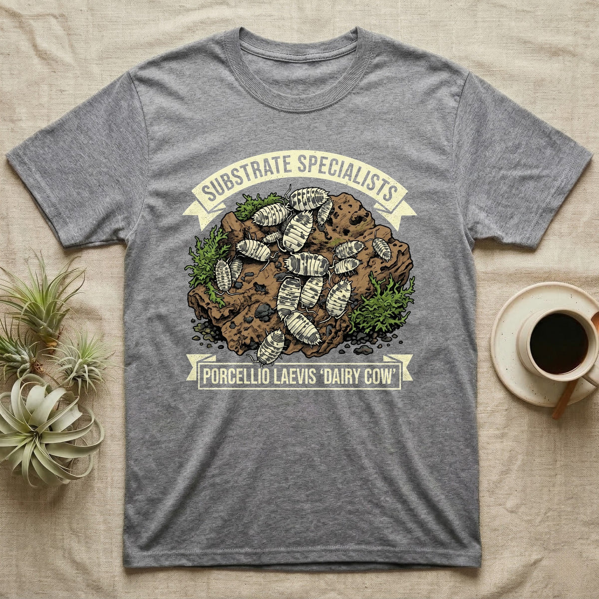 Dairy Cow Isopod Substrate Specialists T-Shirt in Sport Grey — Vintage print of a dairy cow isopod colony on a mossy soil clod between "Substrate Specialists" banners.
