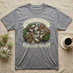 Dairy Cow Isopod Substrate Specialists T-Shirt in Sport Grey — Vintage print of a dairy cow isopod colony on a mossy soil clod between "Substrate Specialists" banners.