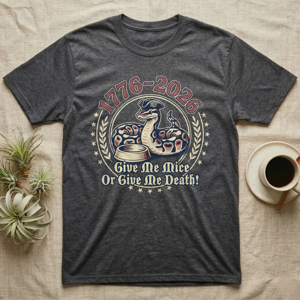 Ball Python 1776 T-Shirt in Dark Heather — Vintage distressed badge of a ball python in a feeding strike over a food dish, cream and brick-red emblem reading Give Me Mice Or Give Me Death.
