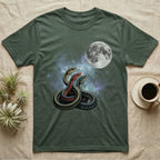 Garter Snake Moon Howl T-Shirt in Military Green — Three Garter Snake colour morphs howling at a full moon over a nebula on a dark grey t-shirt.