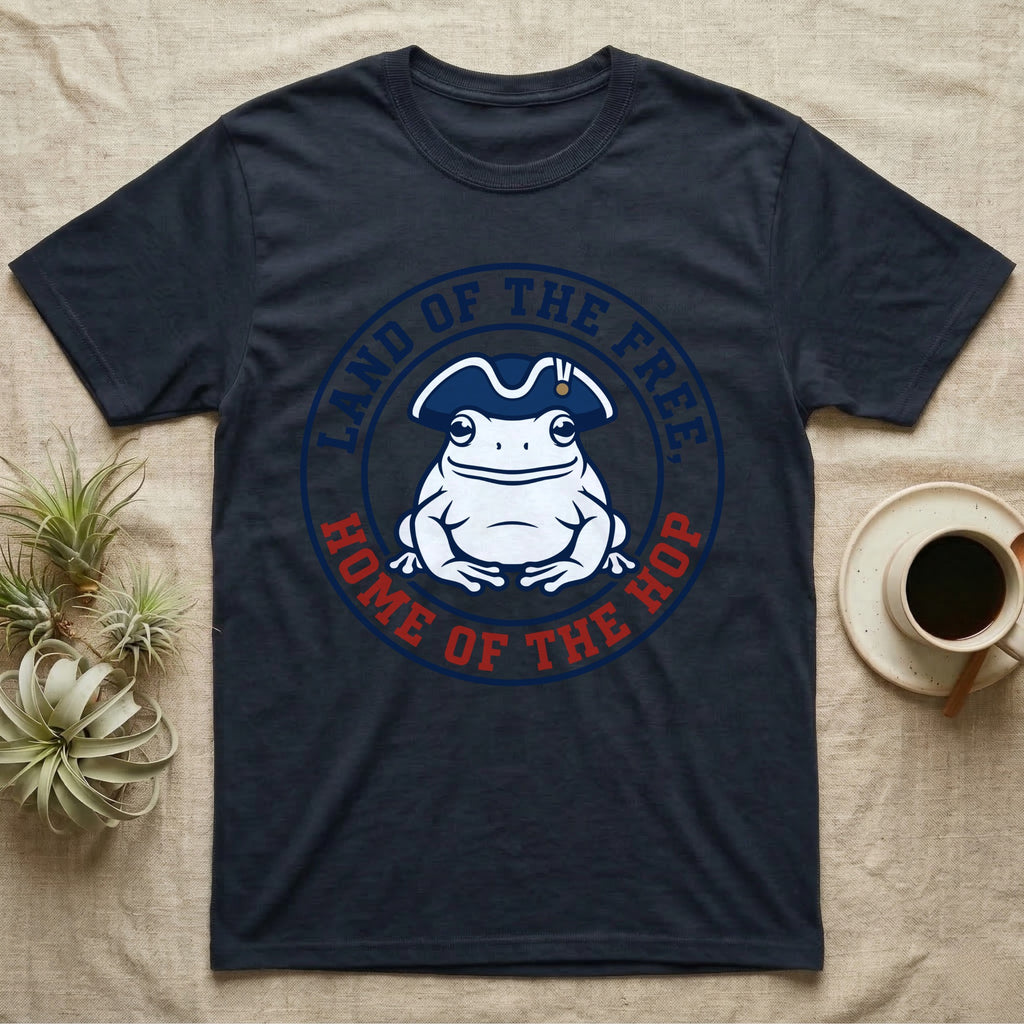 American Toad Emblem T-Shirt in Navy — Round emblem of a white American toad silhouette in a tricorn hat with text Land of the Free, Home of the Hop.