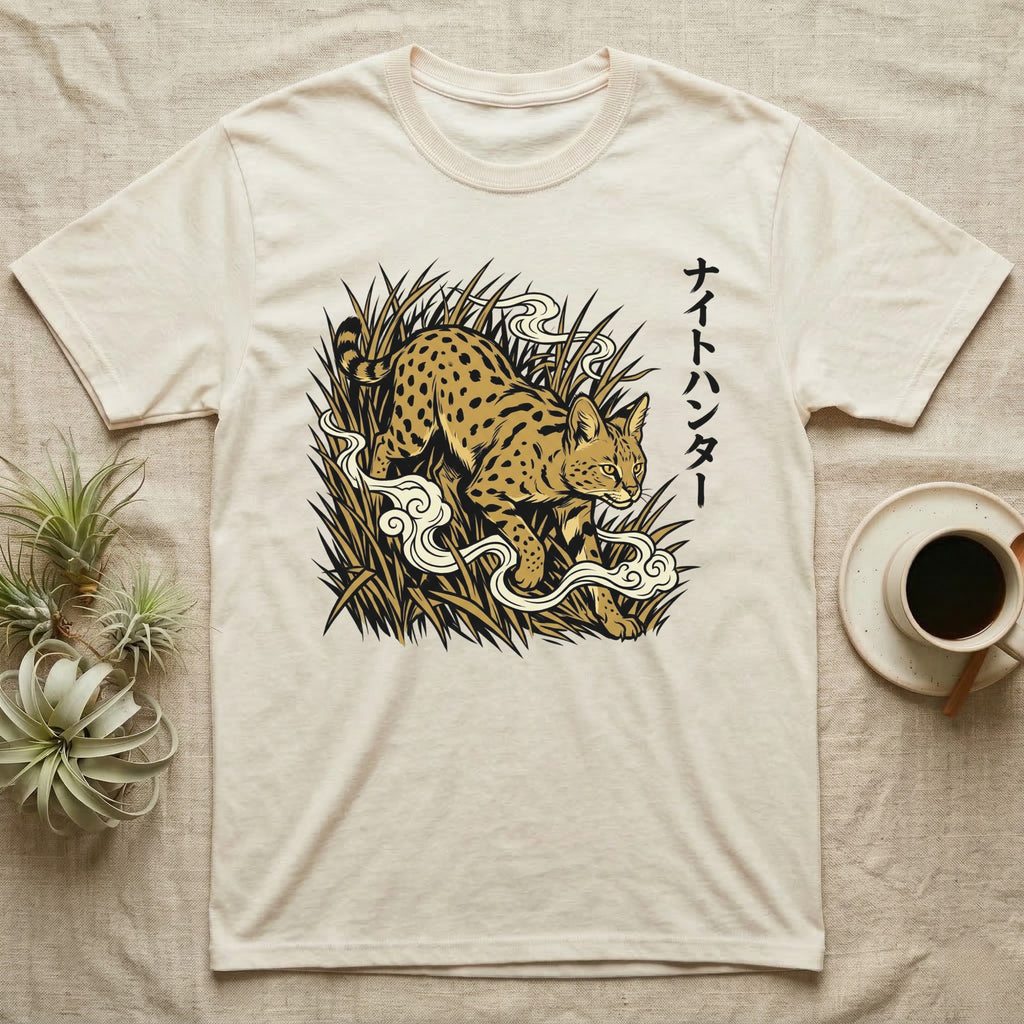 Cream t-shirt with a serval cat illustration and Japanese text.