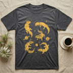 Leopard Gecko Cosmic T-Shirt in Dark Heather — Vintage screen-print illustration of leopard geckos in astronaut helmets floating in space, sulfur amber monochromatic on dark background.