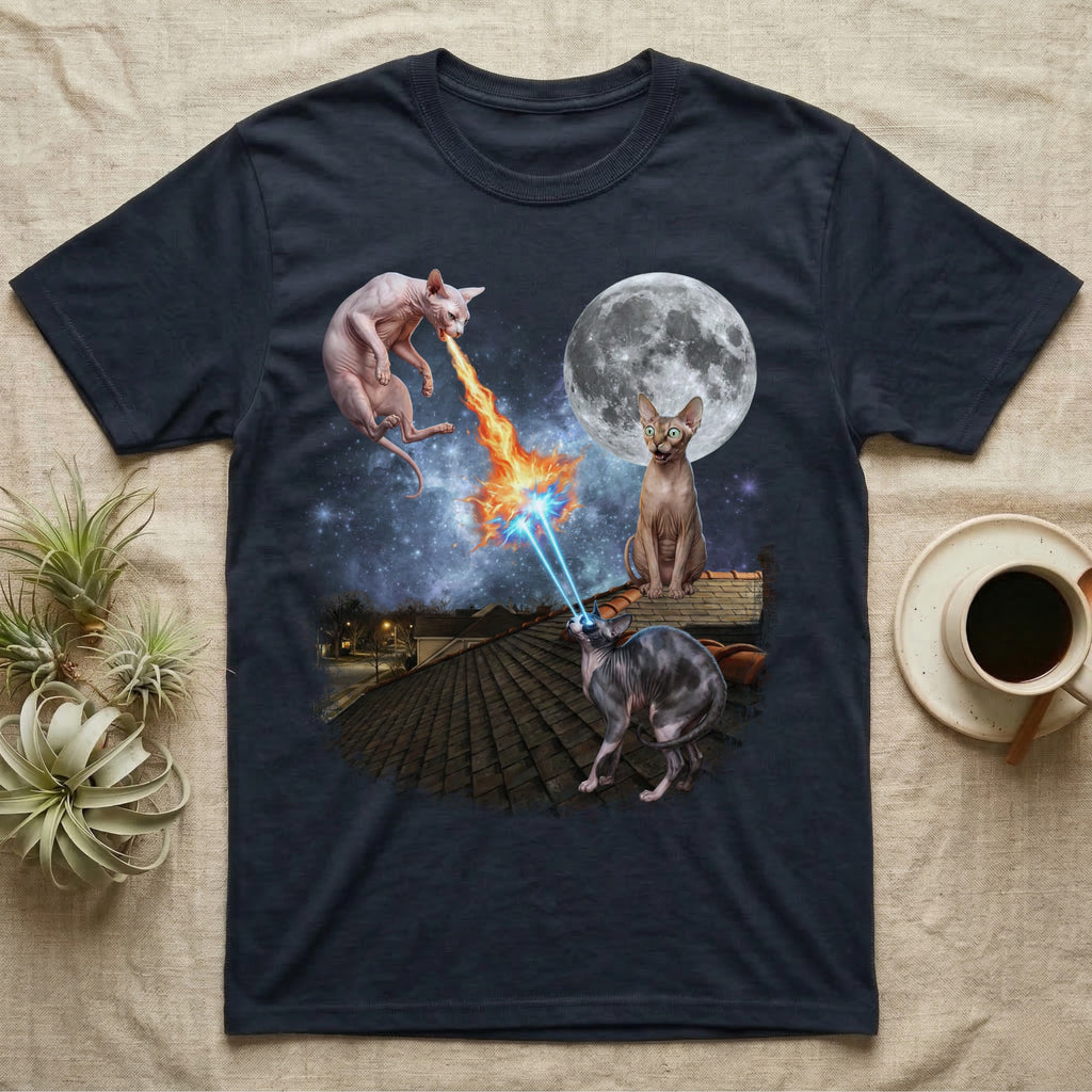 Sphynx cats with laser eyes battling on a rooftop under a full moon.