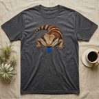 Dark grey t-shirt featuring a blue-tongued skink illustration.