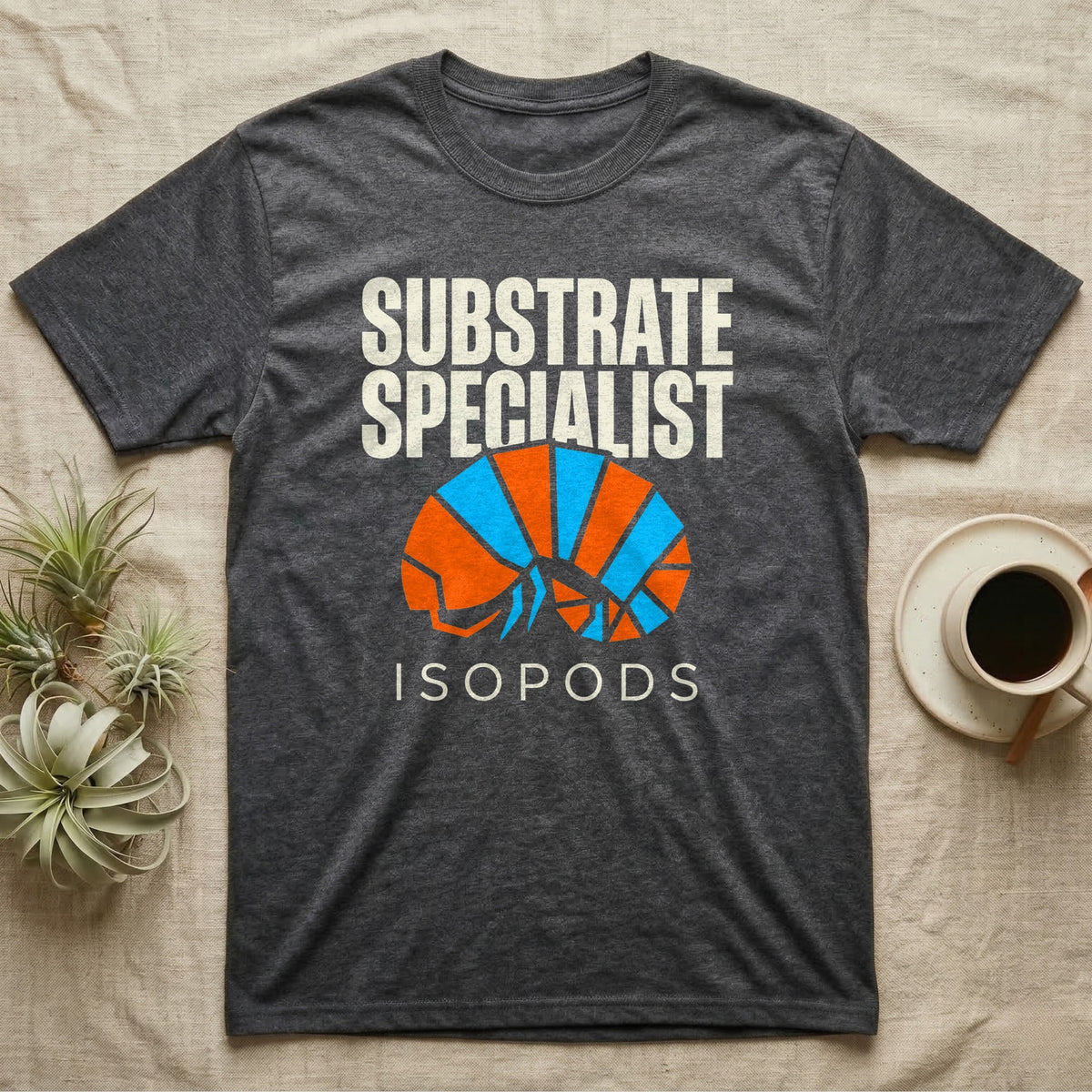 Isopod Substrate Specialist T-Shirt in Dark Heather — Geometric orange and blue rolled isopod between bold "Substrate Specialist" and "Isopods" lettering.