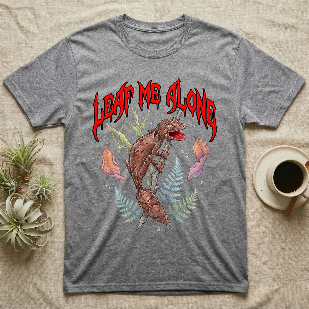 Satanic Leaf-Tailed Gecko Feral T-Shirt in Sport Grey — Satanic leaf-tailed gecko gaping on a twig with dripping blood-red metal "Leaf Me Alone" wordmark above