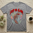 Satanic Leaf-Tailed Gecko Feral T-Shirt in Sport Grey — Satanic leaf-tailed gecko gaping on a twig with dripping blood-red metal "Leaf Me Alone" wordmark above