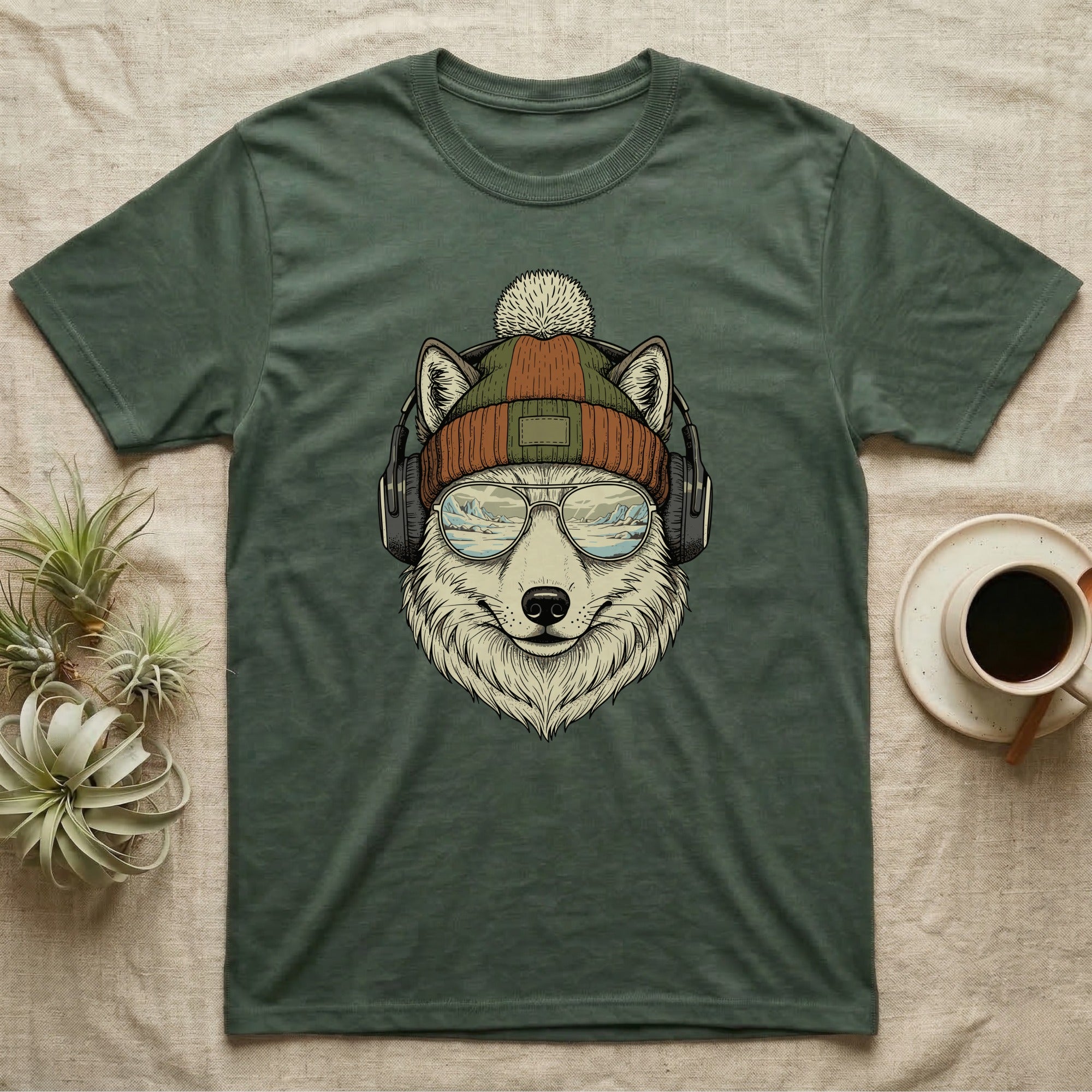 Wolf wearing beanie, headphones, and sunglasses on a t-shirt.