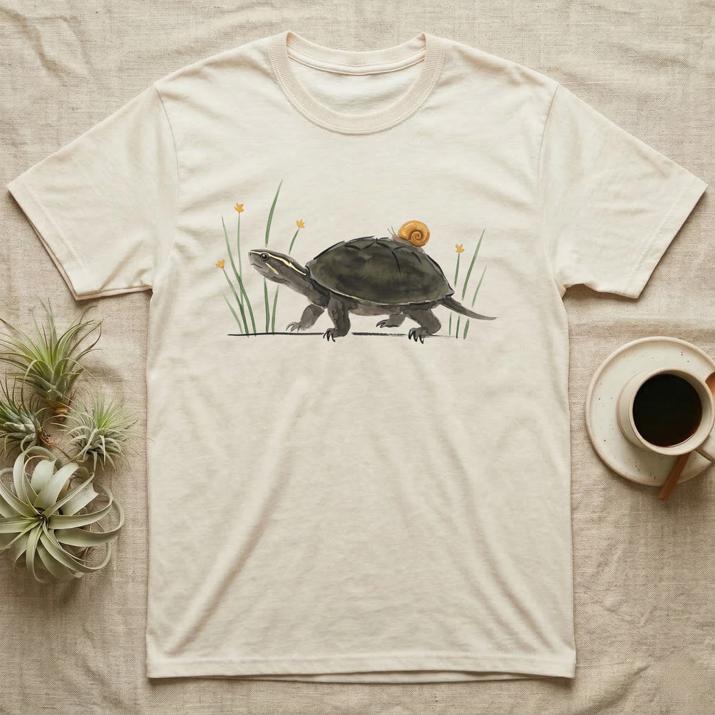 Musk Turtle Hitchhiker T-Shirt in Natural — Watercolour musk turtle walking left with a ramshorn snail on its shell, beside slender grass blades with tiny amber flowers.