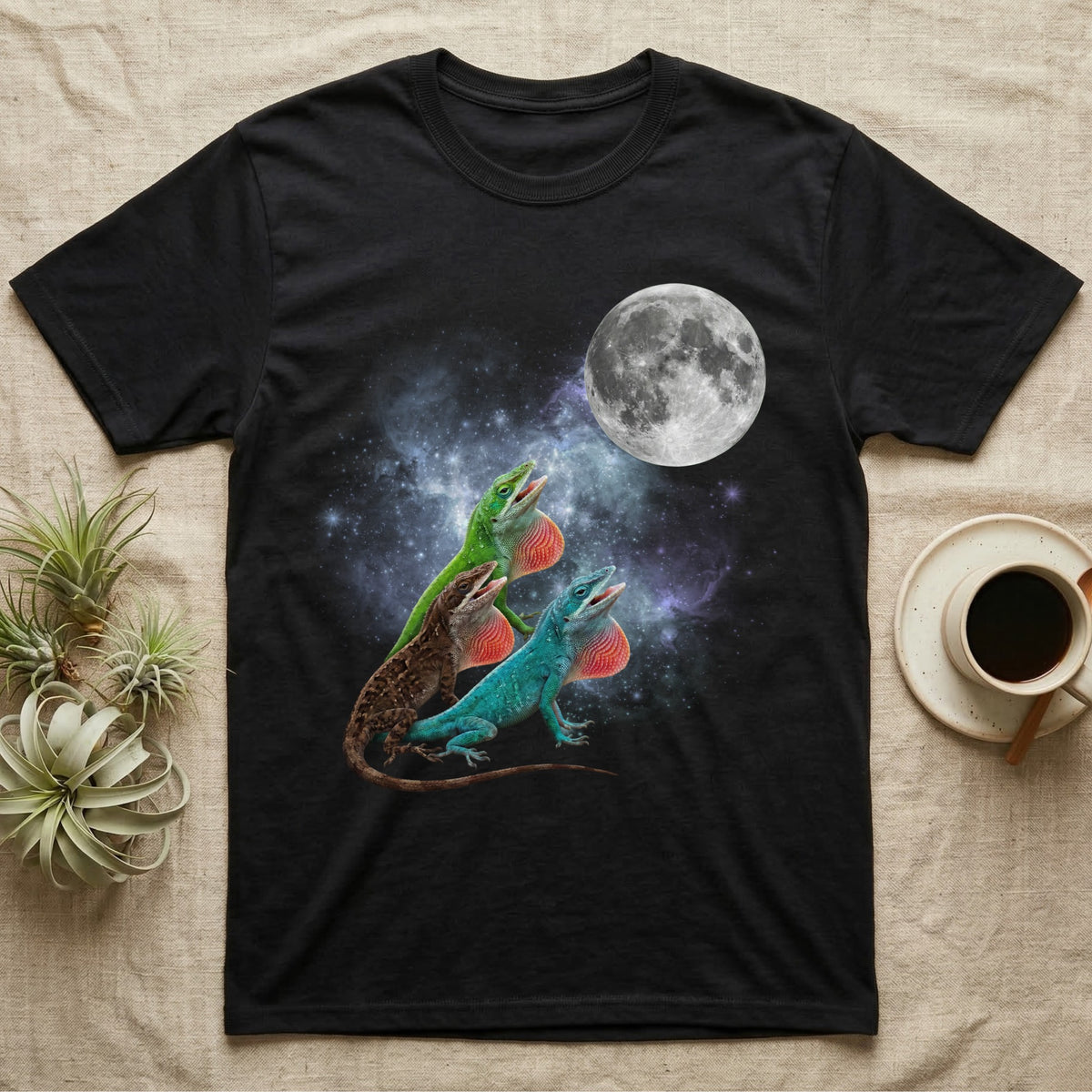 Green Anole Moon Howl T-Shirt in Black — Three Green Anole colour morphs howling at a full moon over a nebula on a dark grey t-shirt.