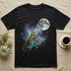 Green Anole Moon Howl T-Shirt in Black — Three Green Anole colour morphs howling at a full moon over a nebula on a dark grey t-shirt.