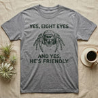 Jumping Spider Eight Eyes T-Shirt in Sport Grey — Engraved jumping spider head-on with large forward eyes, between stitch-look lettering on grey.