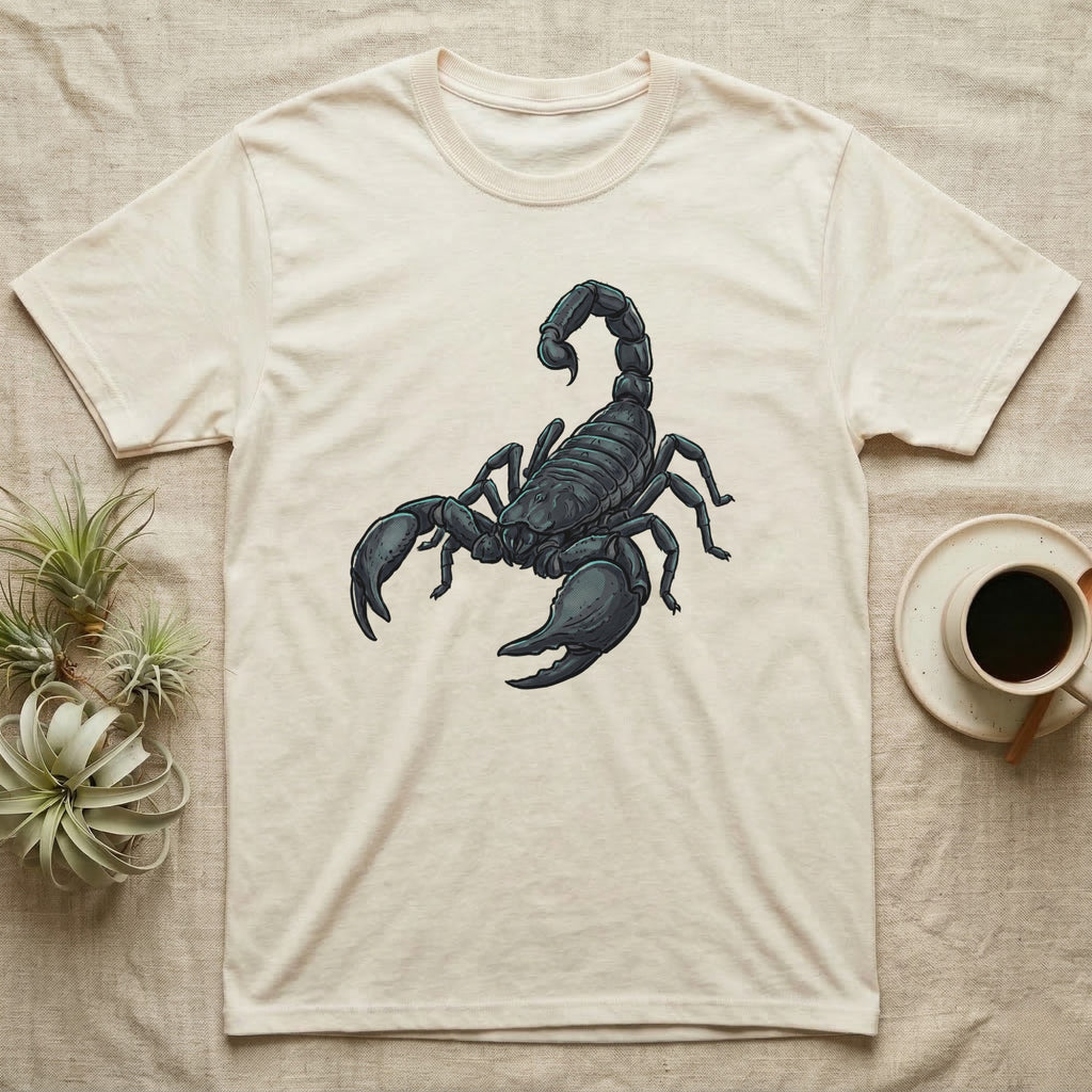 Glowing Emperor Scorpion T-Shirt in Natural — Bold flat illustration of an emperor scorpion traced with a glowing blacklight-teal UV rim on a grey background.