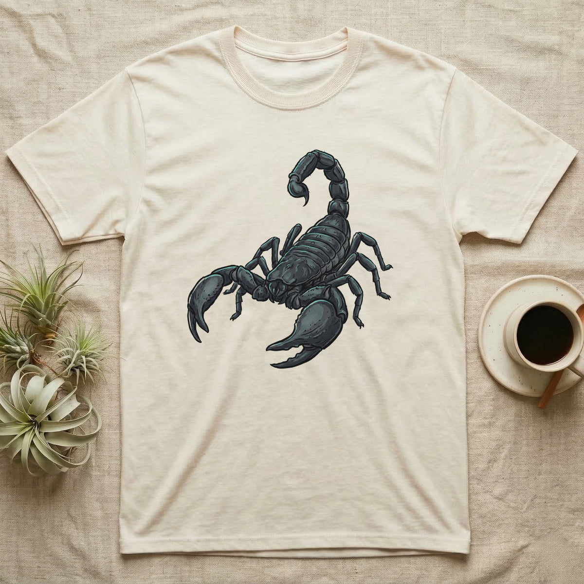 Glowing Emperor Scorpion T-Shirt in Natural — Bold flat illustration of an emperor scorpion traced with a glowing blacklight-teal UV rim on a grey background.