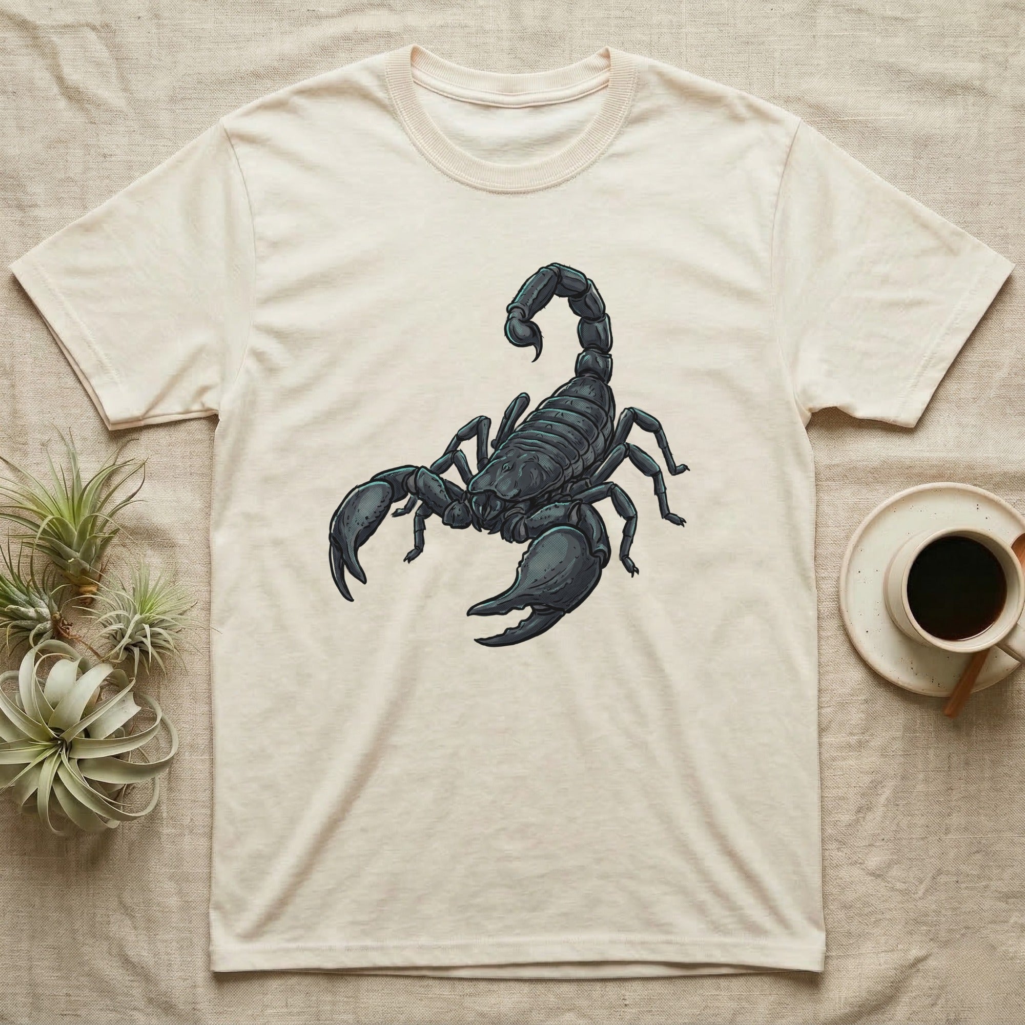 Glowing Emperor Scorpion T-Shirt in Natural — Bold flat illustration of an emperor scorpion traced with a glowing blacklight-teal UV rim on a grey background.